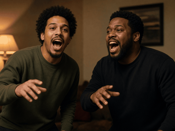 Two friends mid-rap.