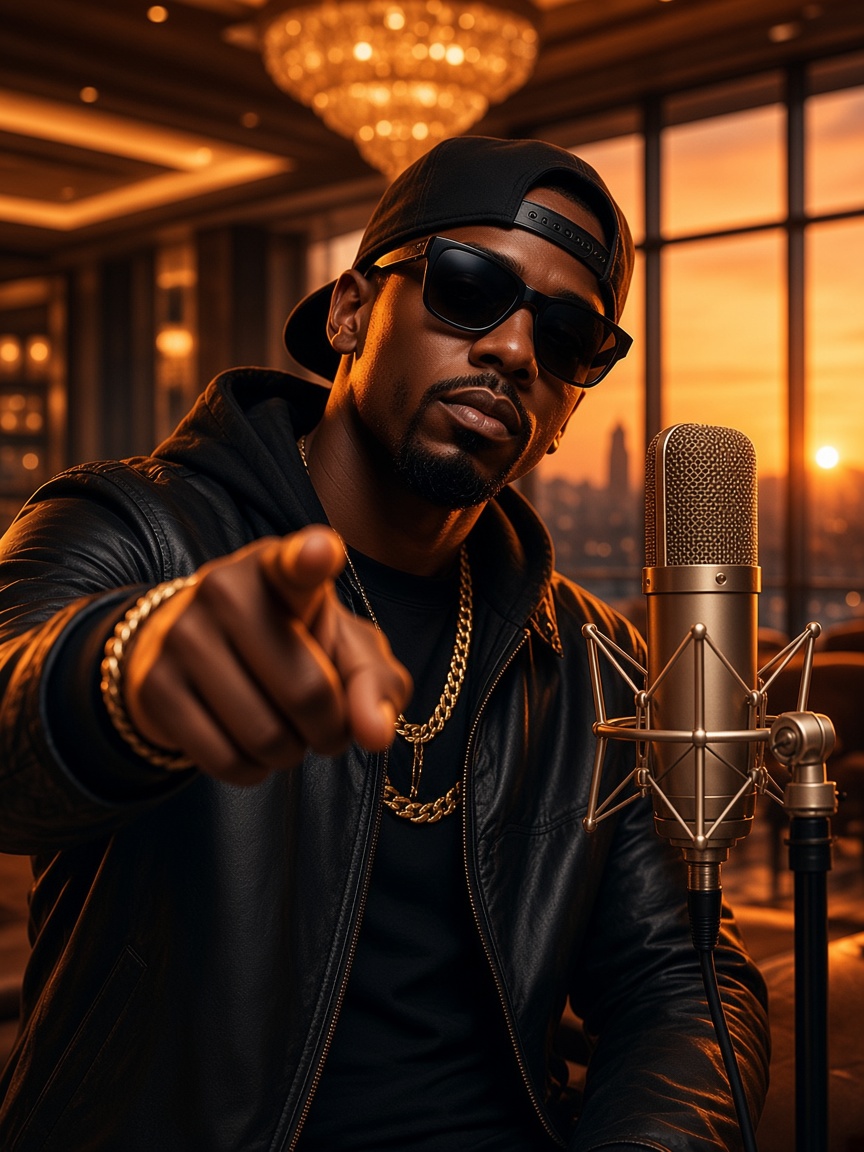 Demo still of a person at a studio microphone. This is not a finished video.